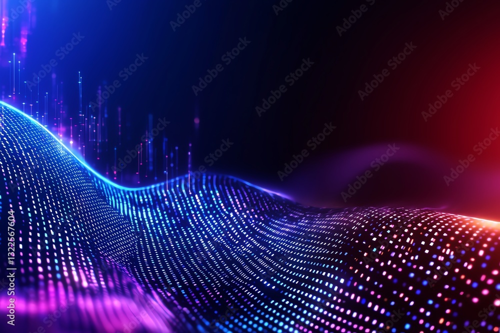 Poster a vibrant digital wave of colorful lights and patterns, showcasing the beauty of technology and inno