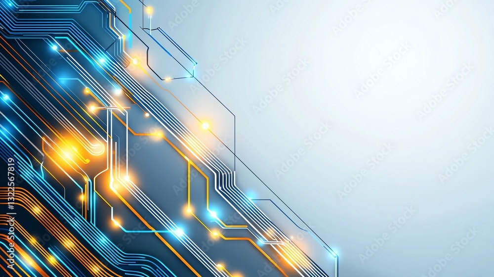 Poster a vibrant abstract circuit design featuring glowing lines and lights. perfect for conveying concepts