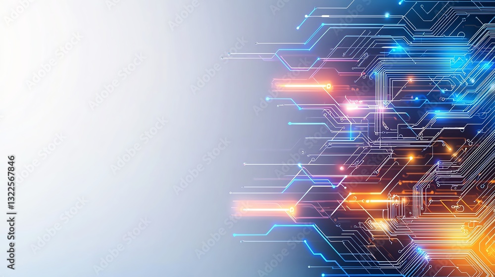 Poster abstract digital background with vibrant circuit lines and glowing nodes, representing innovation, c