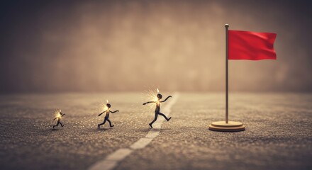 Four tiny spark figures zoom toward a red flagpole on a blurred road, symbolizing competition and unity among individuals striving for success.