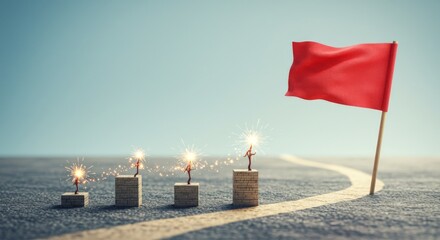 A journey of bricks leading to a successful milestone, symbolizing persistence in achieving one's aspirations.