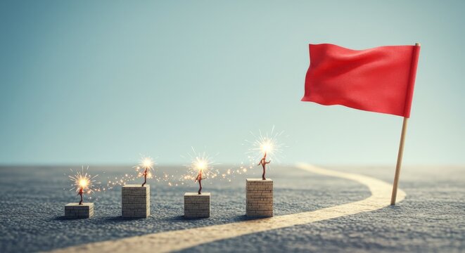 A journey of bricks leading to a successful milestone, symbolizing persistence in achieving one's aspirations.