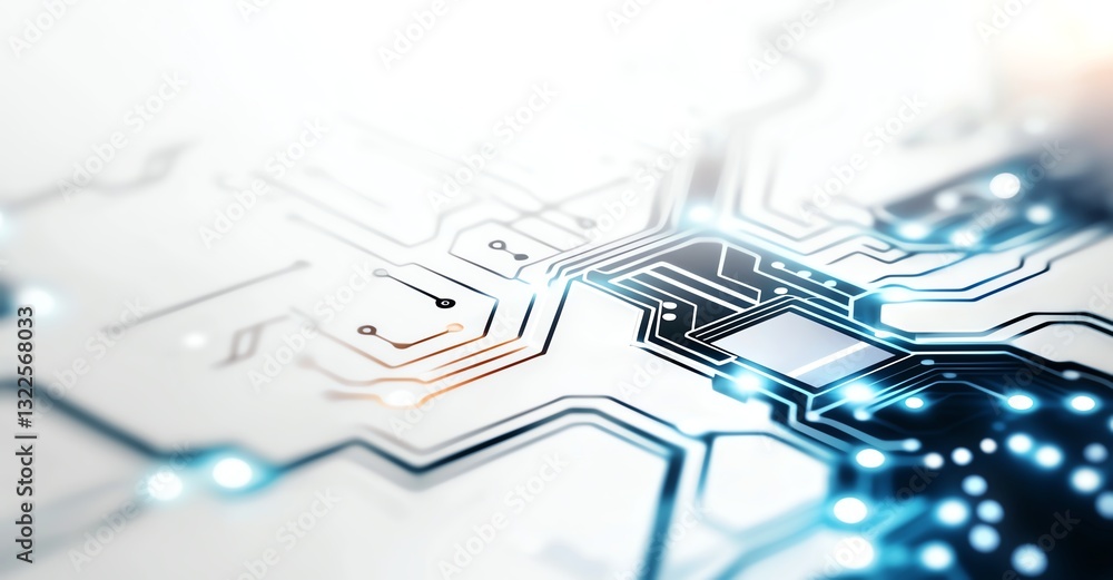 Poster close-up of a modern circuit board showcasing intricate designs and glowing components, highlighting