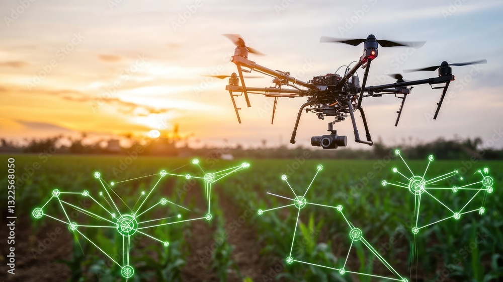Poster a futuristic image of ai algorithms predicting crop yields based on satellite and drone data.