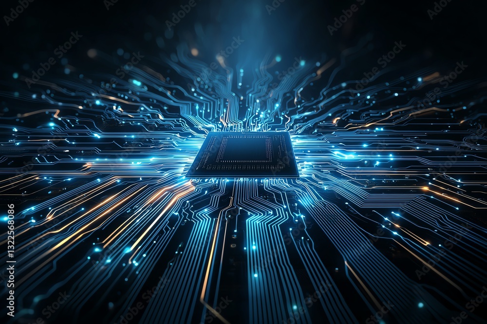 Poster a close-up view of a microchip surrounded by intricate circuit patterns and glowing blue lights, sym