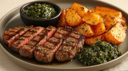 Delicious Grilled Steak Dinner with Roasted Potatoes and Herb Sauce