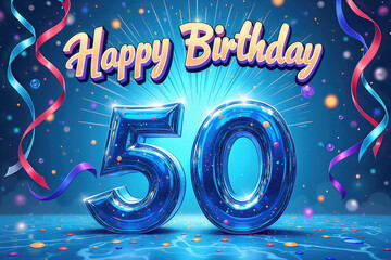 Greeting card for 50 years. Celebrating a 50th birthday with vibrant colors, confetti, and streamers.