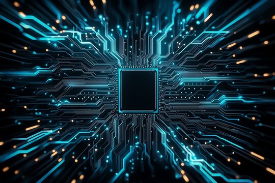 A stunning close-up of a microchip surrounded by vibrant blue circuitry. The intricate design highlights the fusion of technology and modern innovation in a digital world.