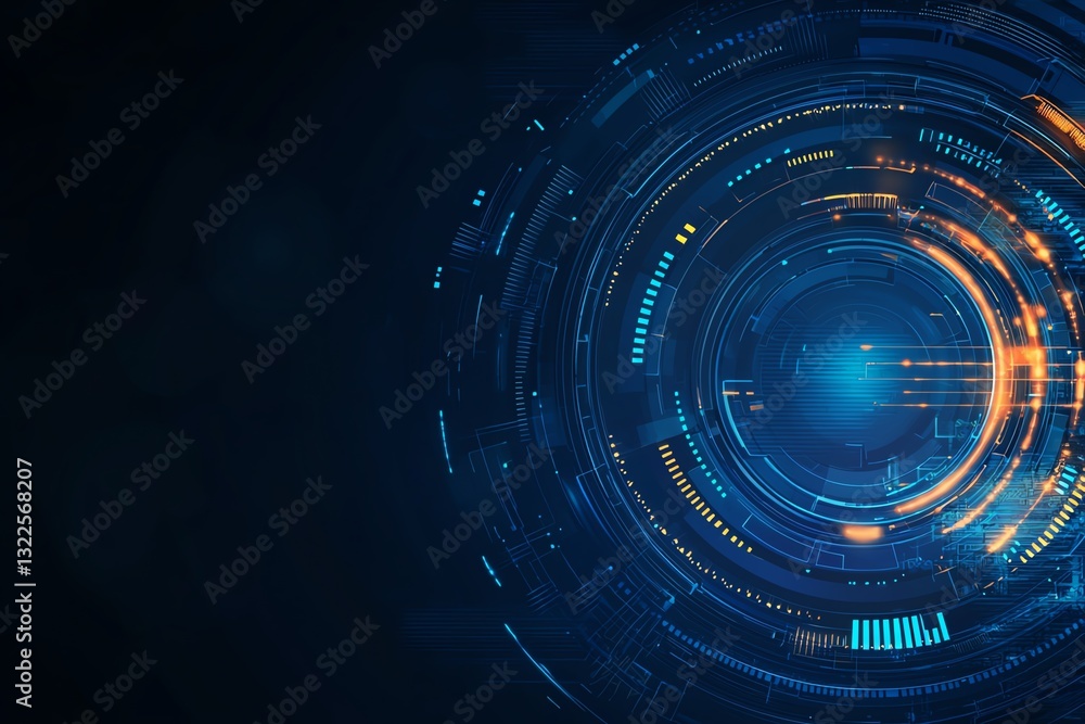 Poster abstract futuristic technology background with glowing circular shapes, lines, and digital elements.