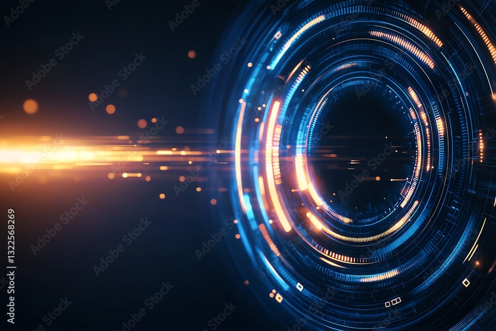 Poster dynamic abstract background showcasing futuristic technology with glowing circles and radiant lines.