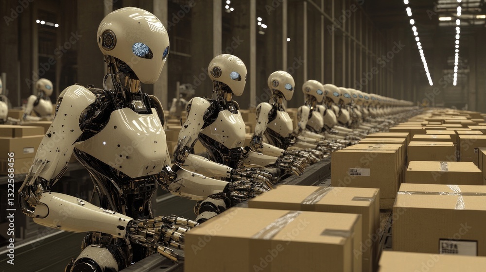 Poster a futuristic robotic workforce managing industrial production lines with ai-driven precision.