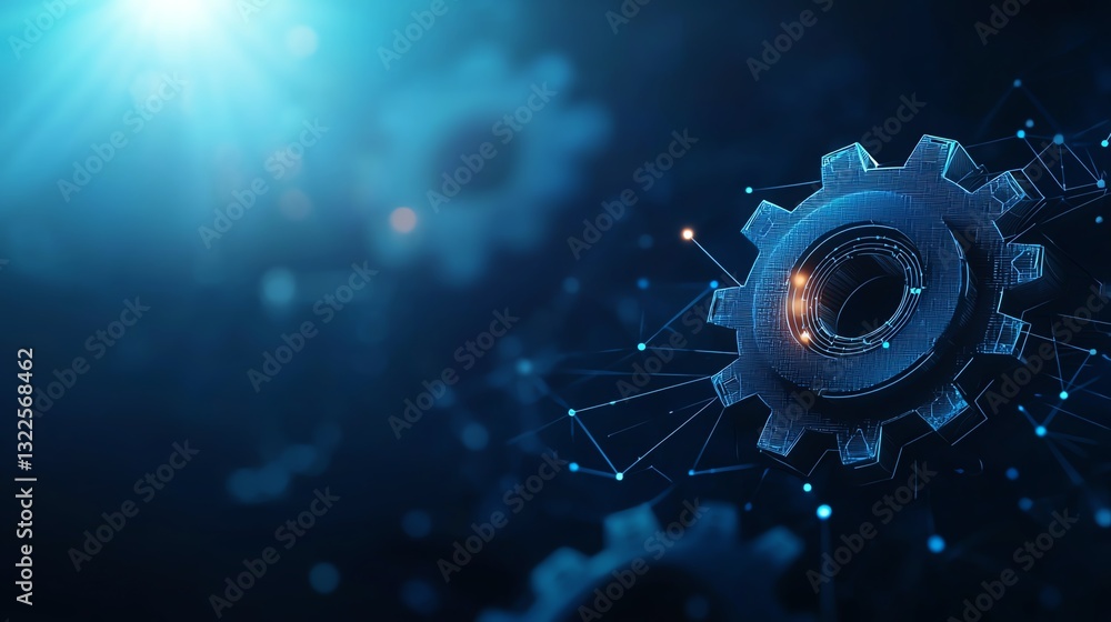 Aufkleber close-up of a futuristic gear with digital elements and glowing lights, symbolizing innovation and t