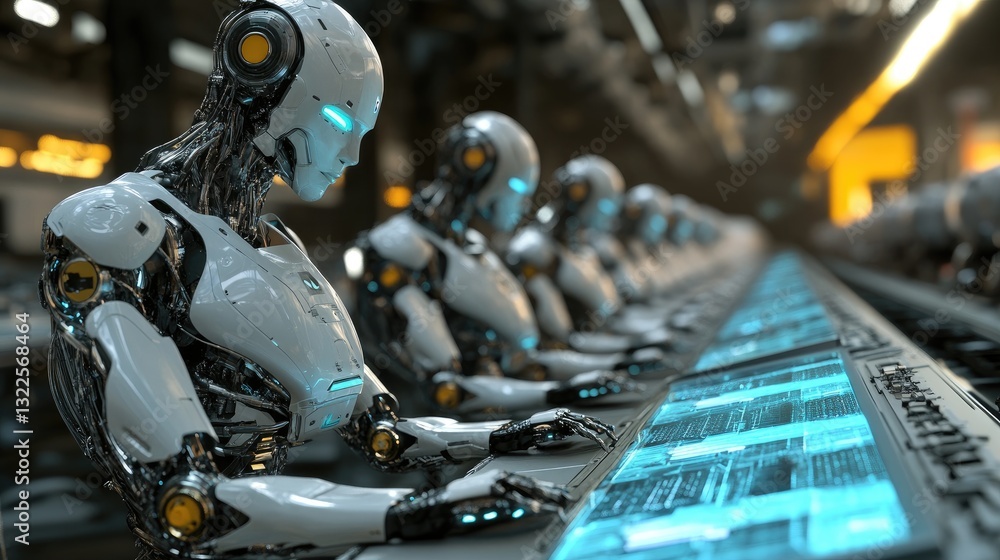 Aufkleber a futuristic robotic workforce managing industrial production lines with ai-driven precision.