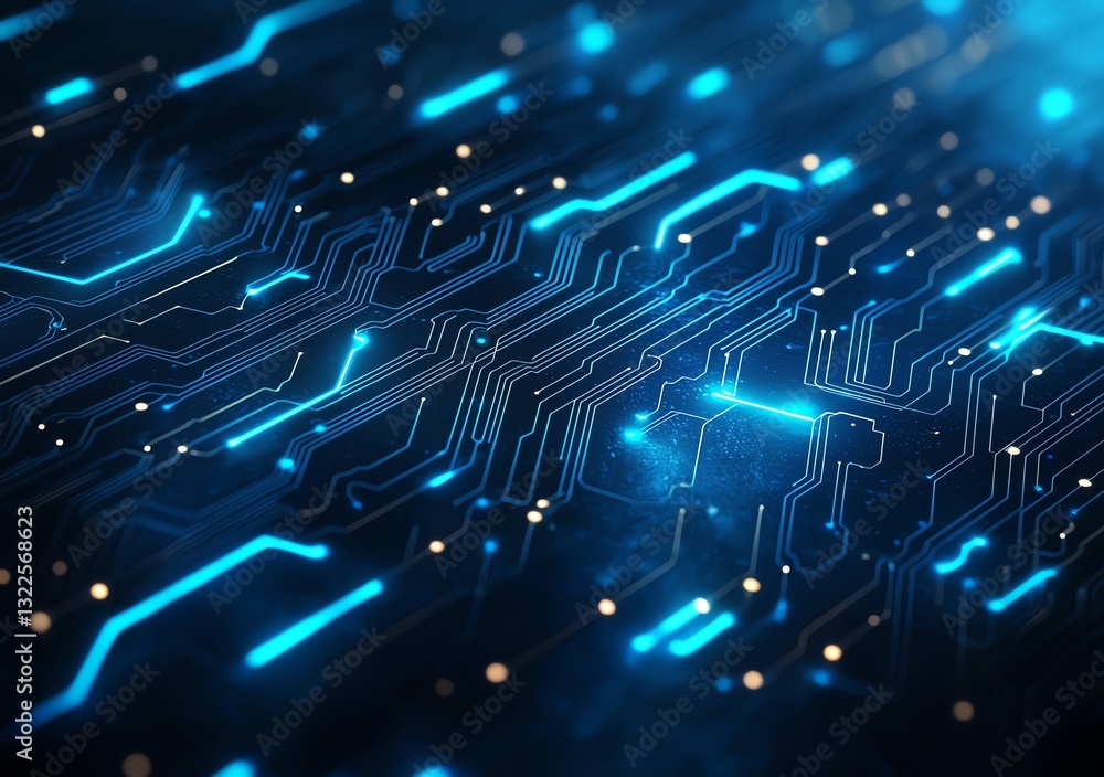 Poster abstract blue circuit board with glowing lines and dots, representing advanced technology and digita