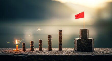 A mysterious scene featuring intricate wooden and metal structures amidst various decorative items in a hazy backdrop.