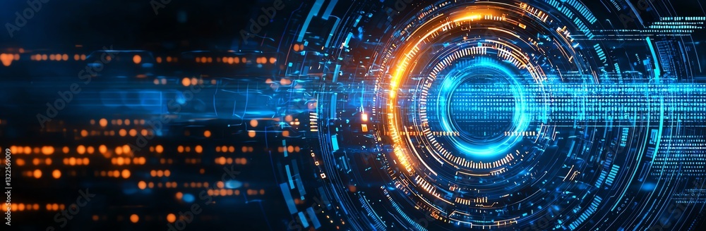 Poster a mesmerizing futuristic digital design showcasing vibrant blue and orange lines and circular patter