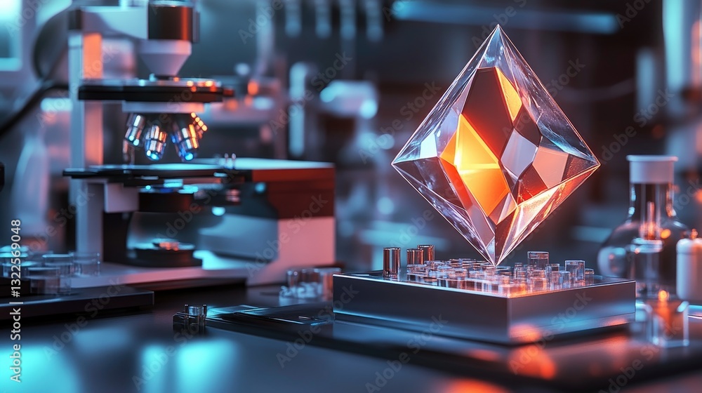 Poster a geometric technology logo glowing with digital energy, placed in a high-tech futuristic laboratory