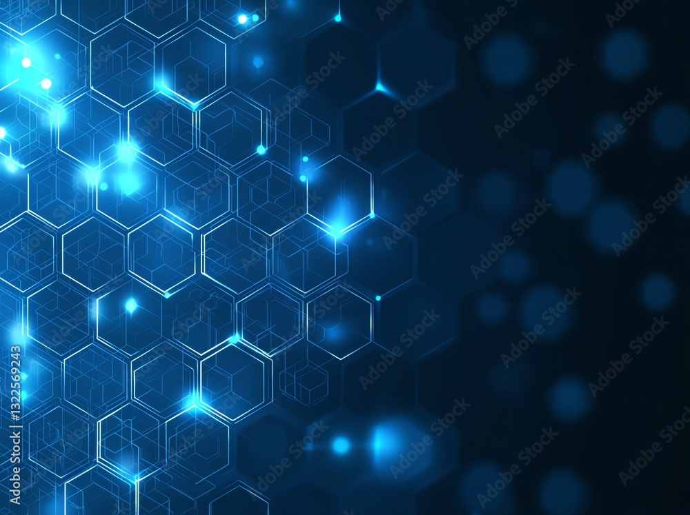 Poster this abstract image features glowing blue hexagons and soft bokeh lights, creating a technological b