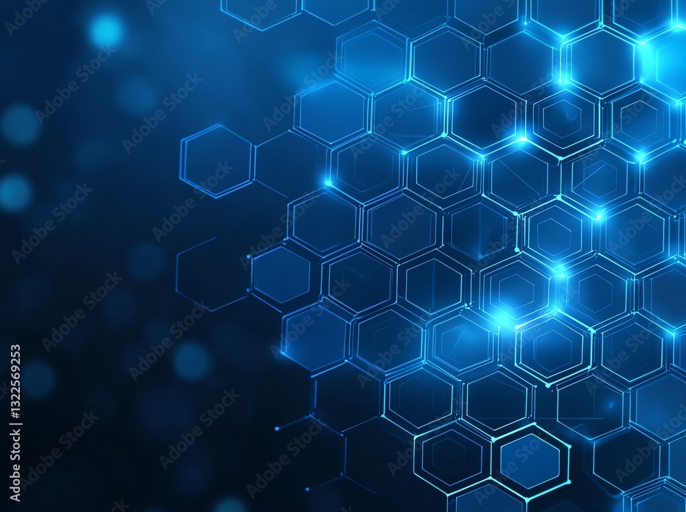 Poster an abstract illustration of a blue hexagonal pattern with glowing edges, showcasing a modern and fut