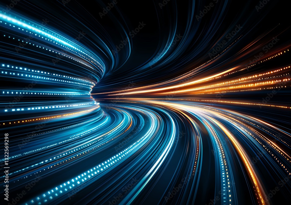 Poster a captivating representation of futuristic light trails, showcasing vibrant blue and orange colors s