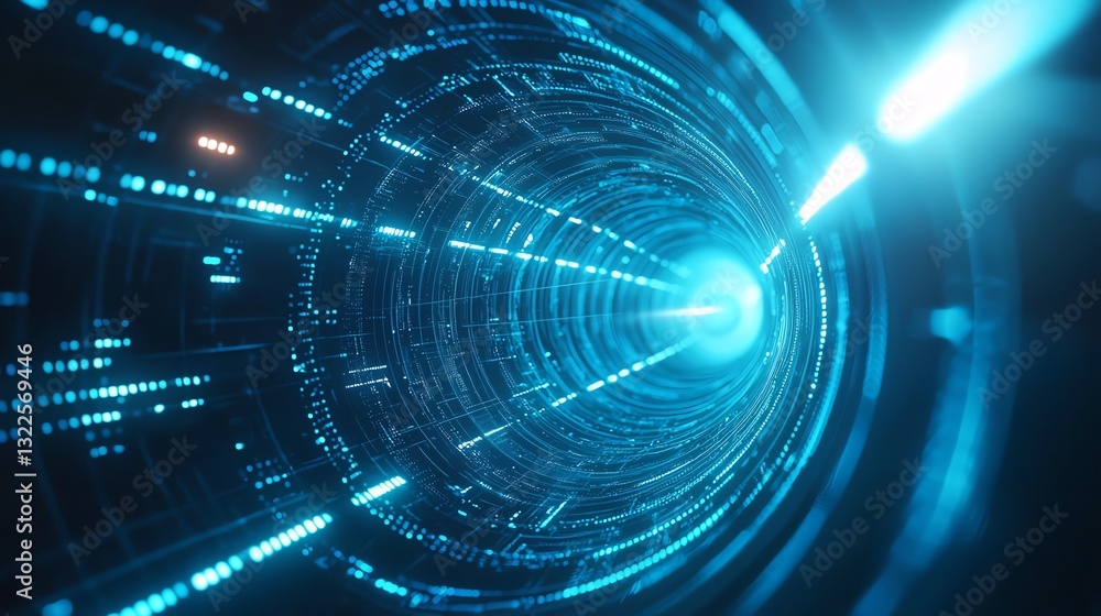 Poster a mesmerizing visual of digital data flowing through a dynamic tunnel
