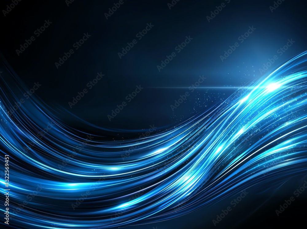 Poster a mesmerizing display of flowing blue light waves set against a dark background, ideal for backgroun