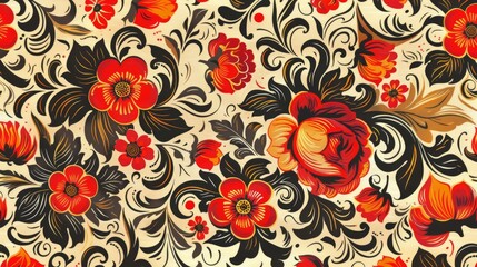  Khokhloma inspired floral pattern on beige background with vibrant red and gold accents, traditional Russian art