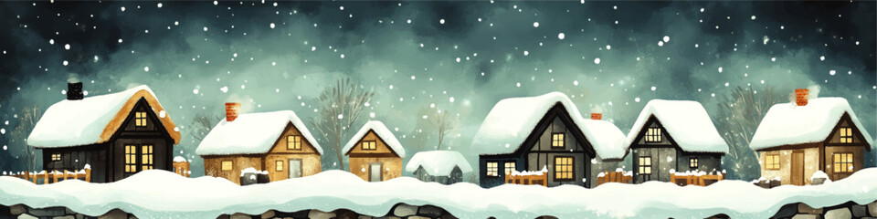 Charming Winter Village Vector Scene: Snow-Covered Cozy Houses Under Night Sky with Falling Snowflakes and Warm Lights in Scenic Winter Wonderland