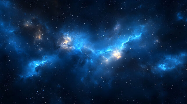Deep blue cosmic galaxy background with scattered stars and nebula clouds creating a space theme