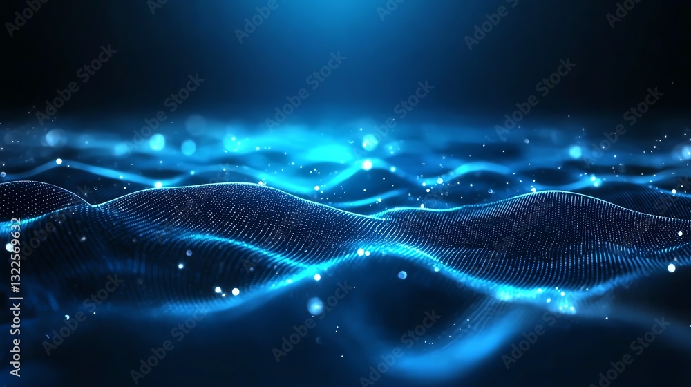 Poster a mesmerizing abstract representation of digital waves, illuminated in vibrant blue tones. the flowi