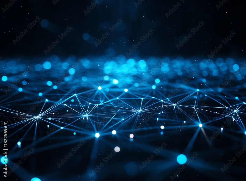 Poster a mesmerizing digital abstract image of interconnected blue lines and glowing dots, representing dat