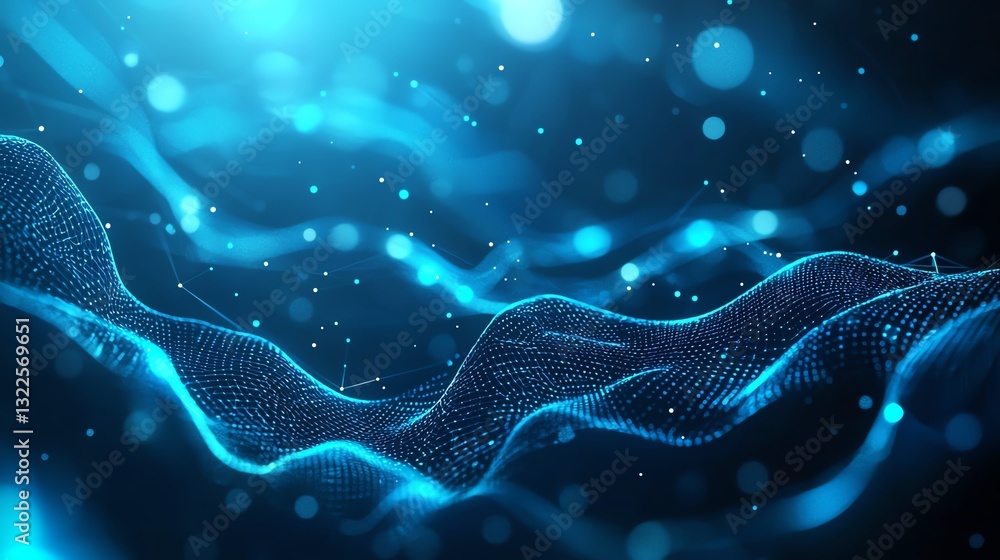 Poster a captivating abstract digital wave design featuring intricate blue particles and flowing lines. per