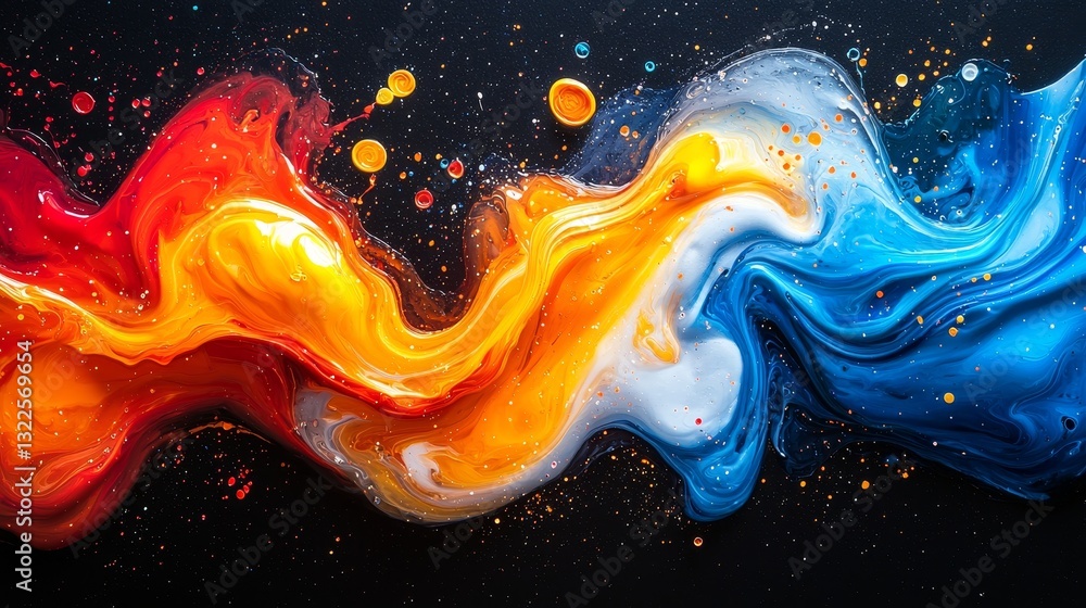 Poster mixing and swirling vibrant liquids. slow-motion capture of colorful fluids blending to create mesme