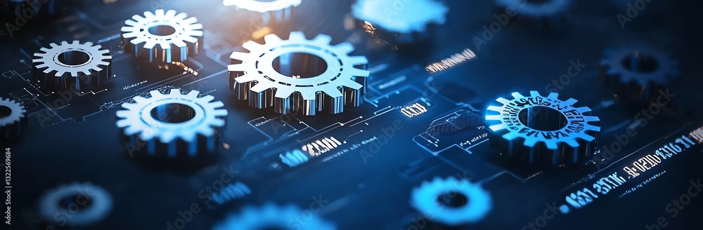 Poster intricate close-up of metallic gears and digital interfaces illuminated with blue lighting. represen