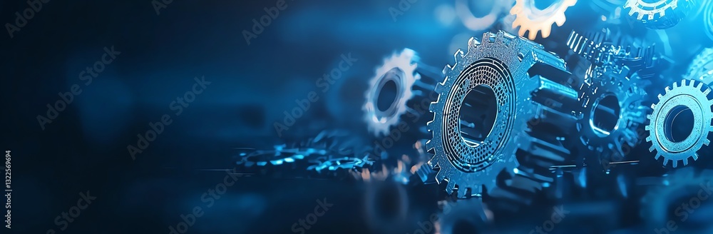 Poster close-up view of metallic gears in a mechanical setting, showcasing intricate details and textures. 