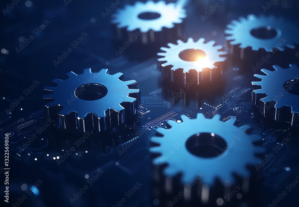 Poster close-up of metallic gears on a circuit board, representing the fusion of mechanics and technology. 