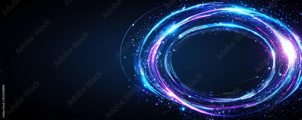 Poster a vibrant digital abstract design featuring swirling lights and glowing particles on a dark backgrou