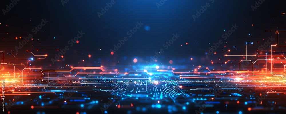 Poster a vibrant digital landscape featuring glowing lines and nodes representing data flow and connectivit