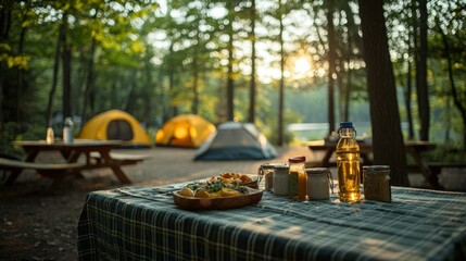 Cozy Camping Scene with Meals on Table at Sunset in Forest Setting