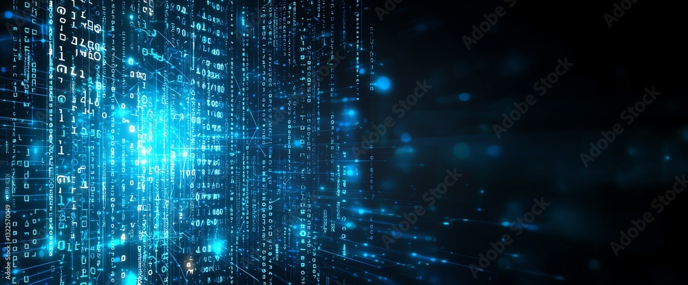 Poster this image illustrates a vibrant digital landscape filled with glowing blue data streams and binary 