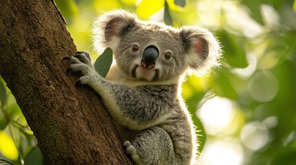 Fototapeta premium Adorable koala joey clinging to a eucalyptus tree, sunlit foliage background.