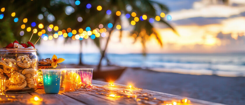 Colorful lights twinkling at beach party with delicious snacks and drinks