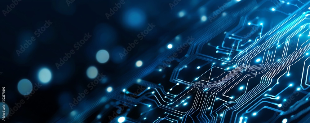 Poster a close-up view of a circuit board with luminous blue lines and dots, representing advanced technolo