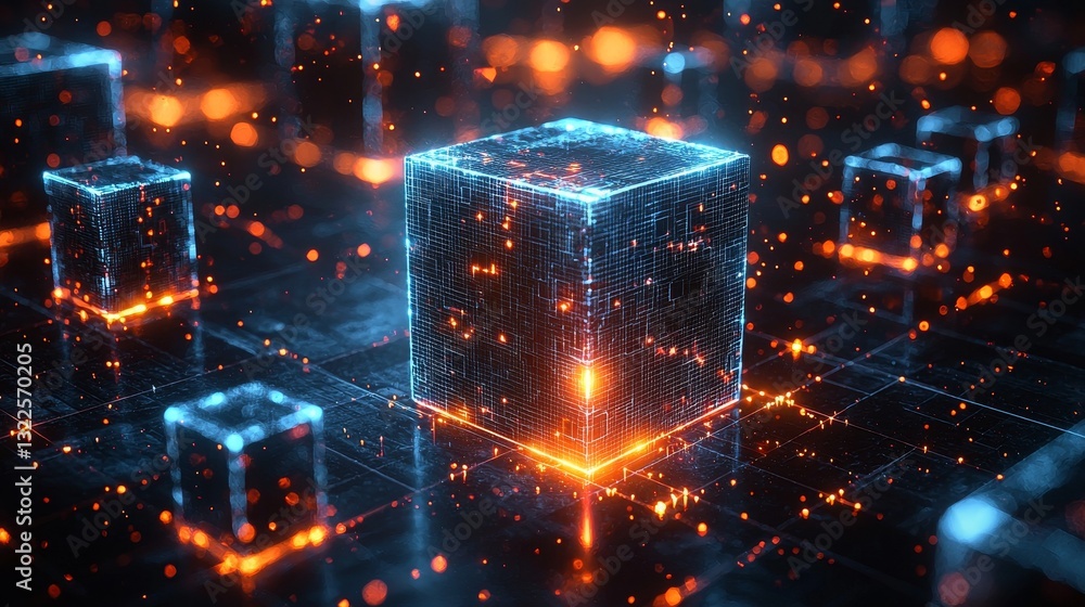 Poster concept of futuristic metaverse featuring digital cubes and blocks, symbolizing a network of technol