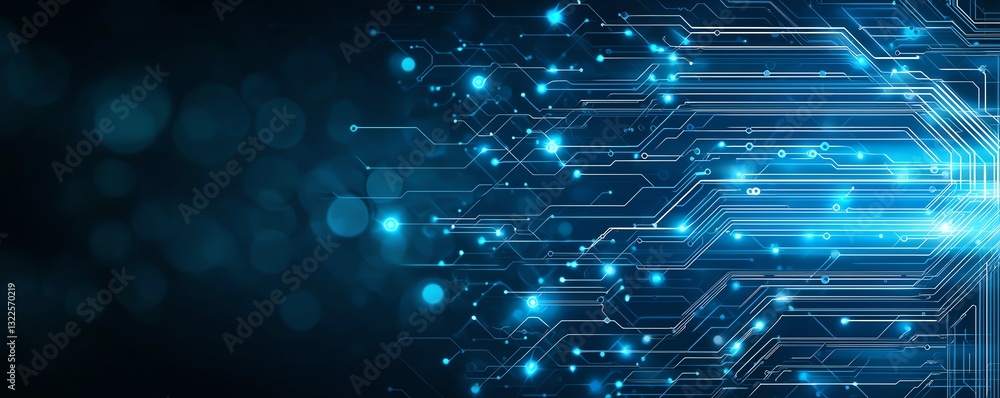 Poster a captivating abstract image featuring a blend of blue lights and circuit patterns on a dark backgro