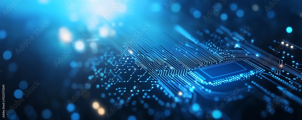 Poster a close-up view of a printed circuit board showcasing intricate patterns and vibrant blue lighting, 