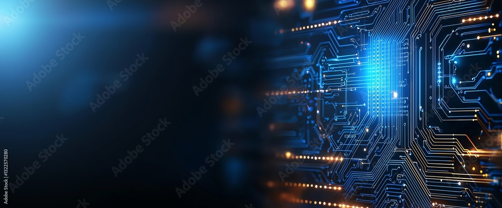 Poster a close-up view of a futuristic circuit board showcasing intricate connections and glowing lights, s