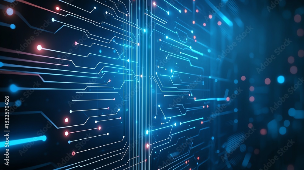 Poster a close-up view of a digital circuit board, showcasing intricate pathways and glowing nodes. this de