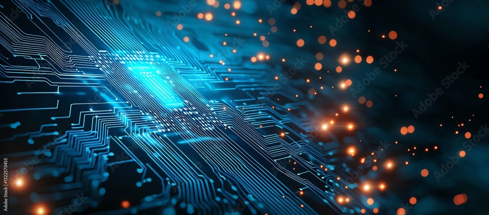 Poster a vibrant close-up of a circuit board showcasing intricate designs and glowing pathways, representin