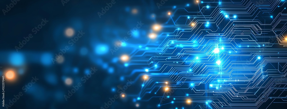 Poster a vibrant abstract digital background showcasing luminous circuit board patterns and glowing lights.